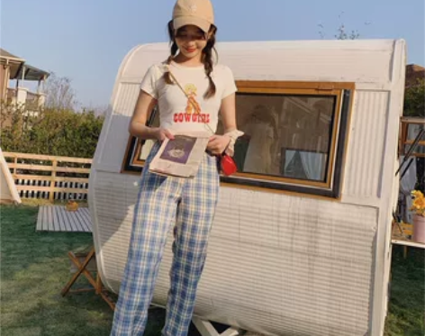 蓝格子 下蛋喵20夏美式复古美少女高腰显瘦...