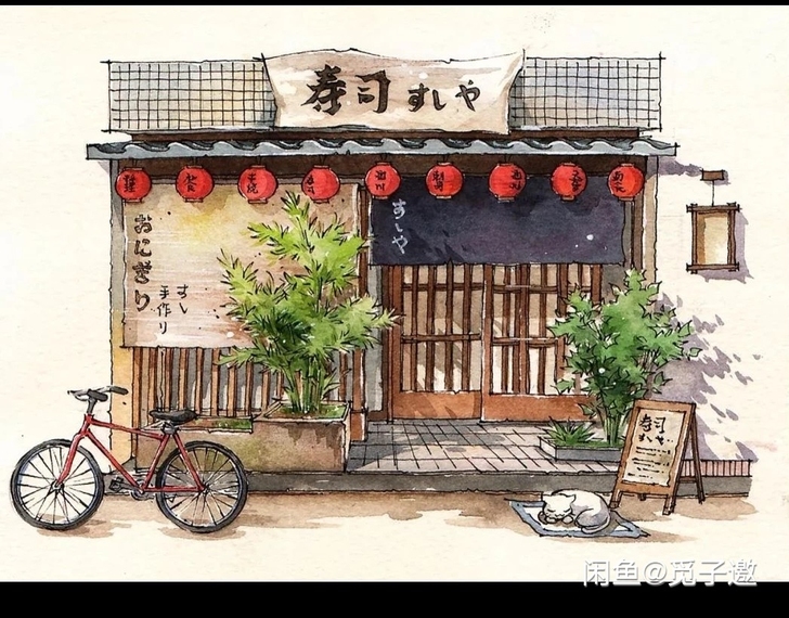 水彩钢笔淡彩,日本商铺水彩作品临摹素材