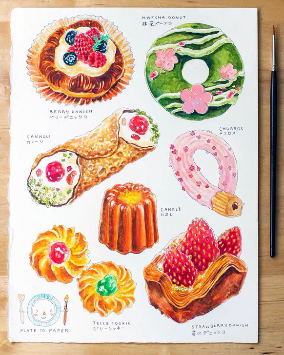 360张 ins水彩食物甜品零食插画手绘素材