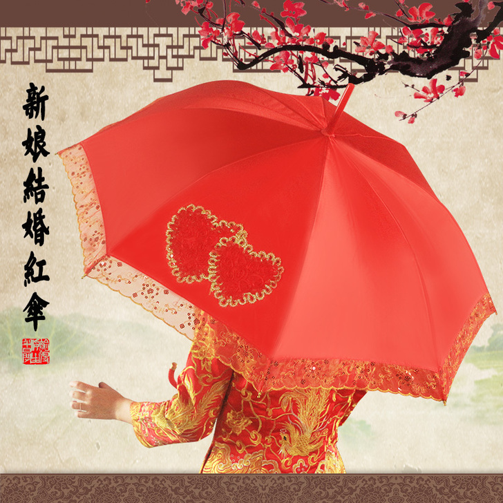 红色伞婚庆结婚用红雨伞新娘伞出门出嫁蕾丝长...