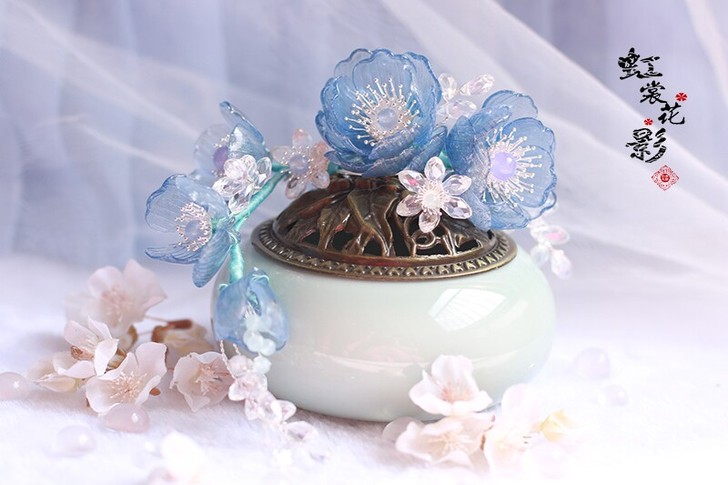 如烟 雾霾蓝山荷叶料器发钗水晶花绝版孤品汉...