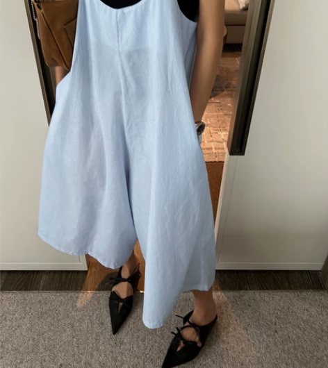 条纹吊带连体裤 显瘦无袖高级连体裤 M码 ...