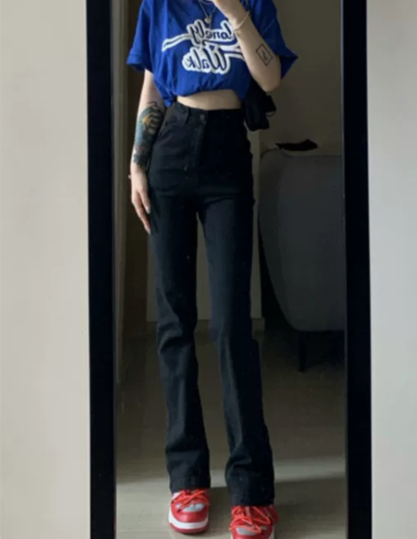 高腰牛仔裤 显瘦高腰牛仔黑色加绒女秋冬季2...