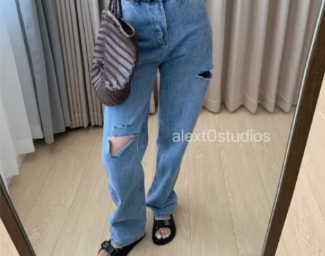 腔调十足韩版挺阔面料双腿破洞有型高腰牛仔裤...