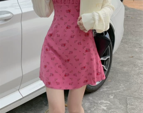 PPHOME粉红假日~设计感显瘦小A字碎花...