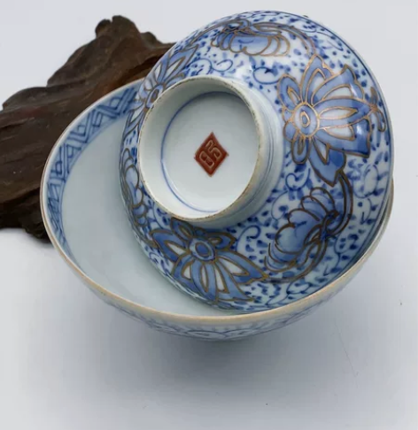 日本明治时期老肥前青花手绘 泡茶盖碗  釉...
