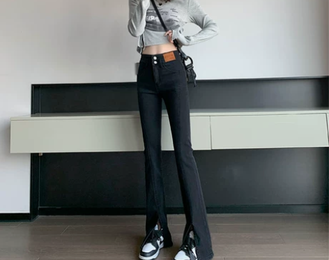 黑色高腰微喇牛仔裤女2022年春夏季显瘦开...