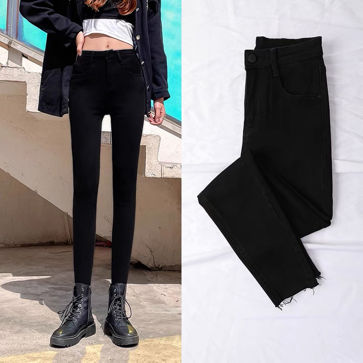 秋冬季高腰牛仔裤女修身显瘦小脚毛边裤子黑灰...