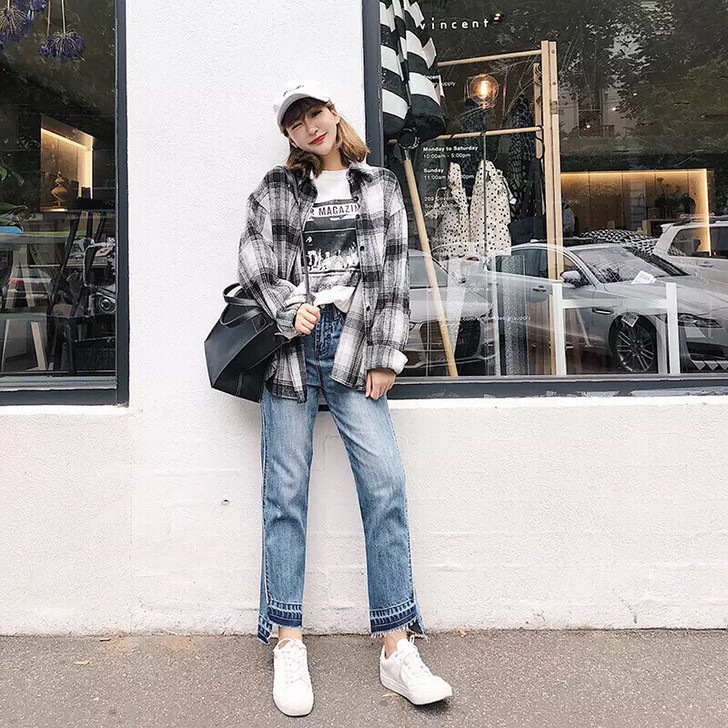 全新包邮 林诗琦 微喇裤长裤女直筒裤子蓝牛...