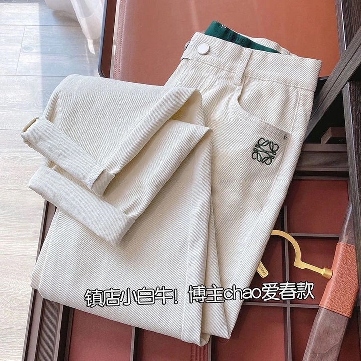 全新休闲牛仔裤直筒裤白色高腰弹力牛仔裤女九...