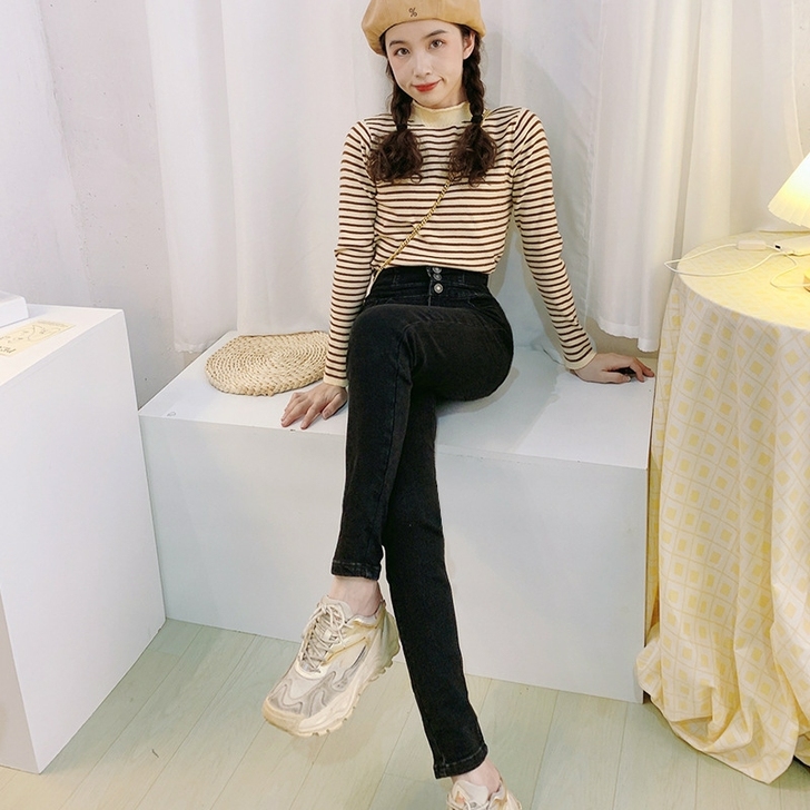 2021年秋季新款黑色牛仔裤女高腰小脚裤女...