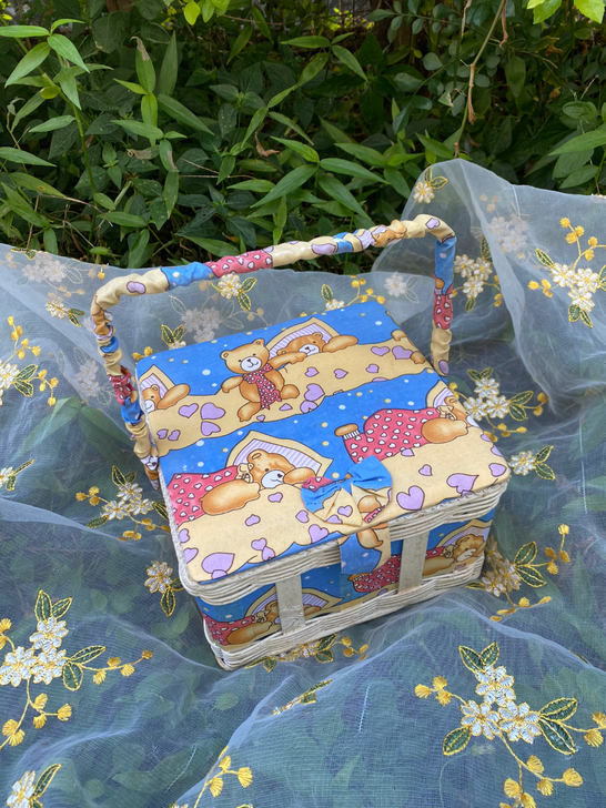 vintage蓝色小熊提篮收纳盒手拎复古盒...