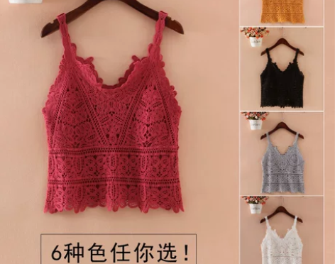下摆蕾丝钩花背心镂空外搭套头无袖上衣女夏性...