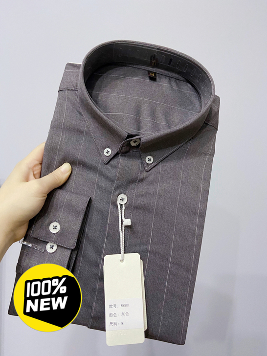 【全新包邮】灰色条纹衬衫男士休闲衬衫商务长...