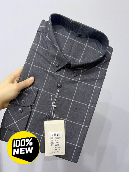 【全新包邮】灰色格子衬衫男士休闲衬衫商务长...