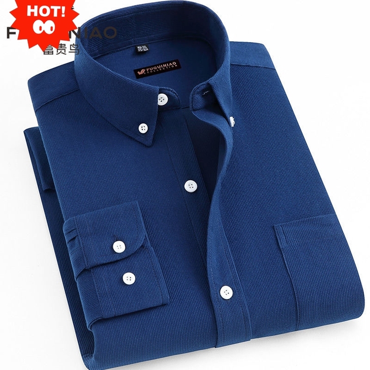 富贵鸟新款灯芯绒衬衫男士春秋纯色长袖衬衣中...