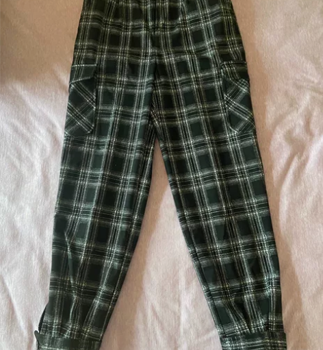 ONLY冬季宽松复古格子高腰束脚裤工装休闲...