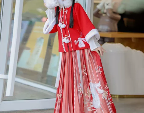 明制汉服冬全套过年柒渡女方领半袖披袄百褶裙...