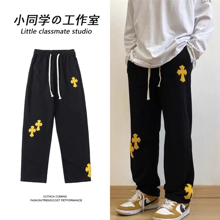 欧美高街美式街头毛巾绣十字架裤子男潮流休闲...