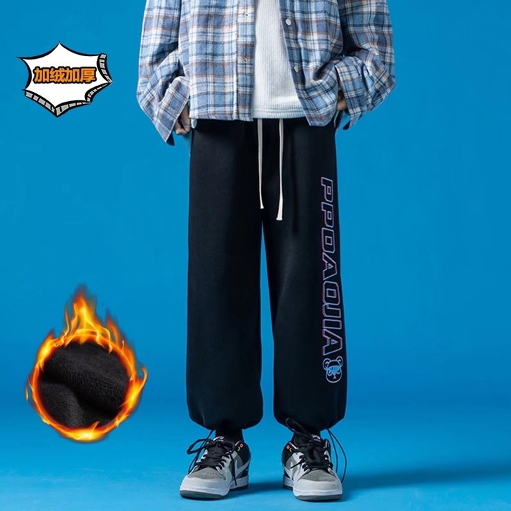 休闲裤子男秋冬韩版潮流字母加绒加厚宽松束脚...