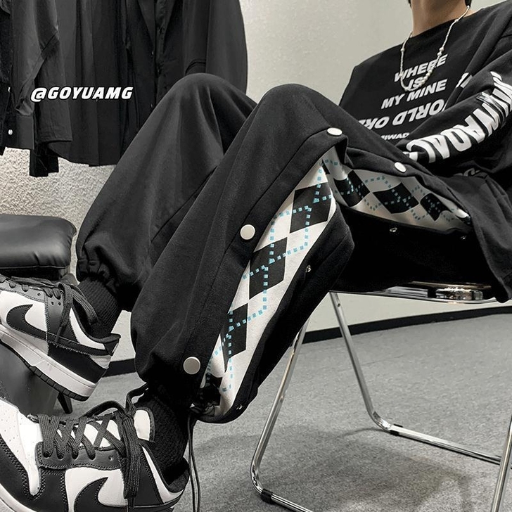 排扣卫裤男春秋高街ins潮牌拼接休闲裤男女...