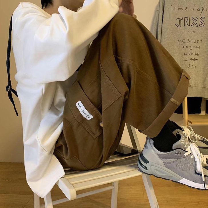 棕色裤子男春秋ins宽松直筒阔腿工装裤港风...