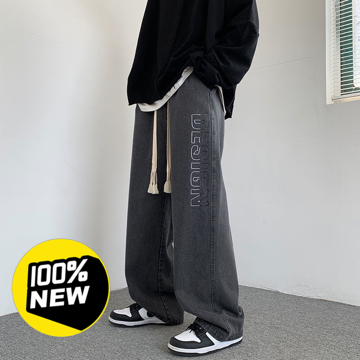 高街编织绳牛仔裤男女秋冬复古大码裤子ins...