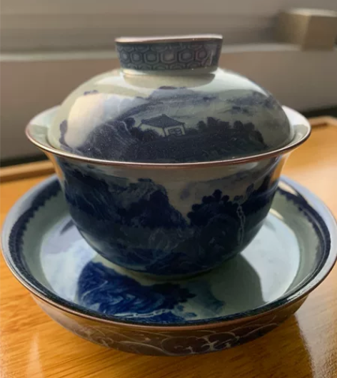 青花千里江山山水老陶泥三才盖碗，全新没用过...