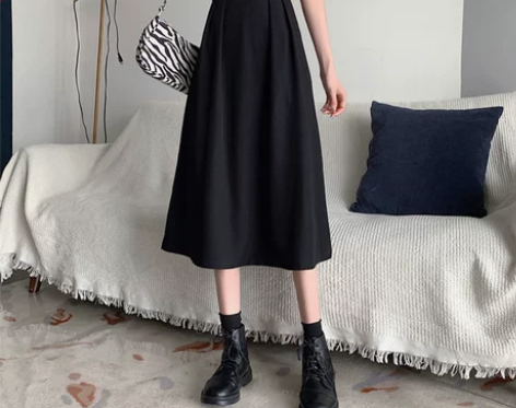 高腰a字半身裙中长款黑色裙子气质垂感长裙薄...
