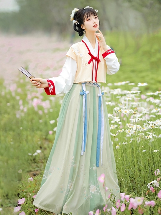 汉服女正品原创改良唐制褙子齐腰褶裙日常白菜...