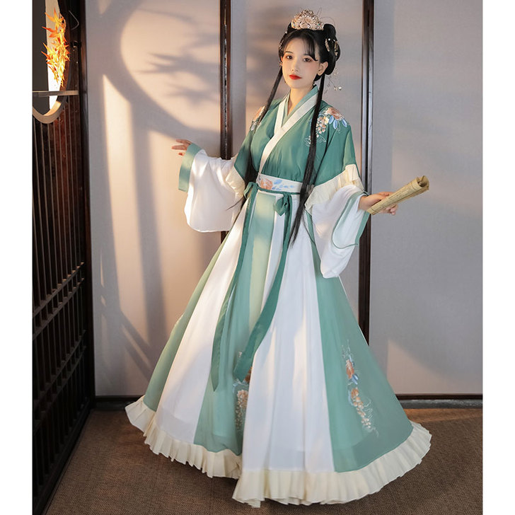 柒邑原创阑珊汉服女晋制交领半袖齐腰襦裙绣花...