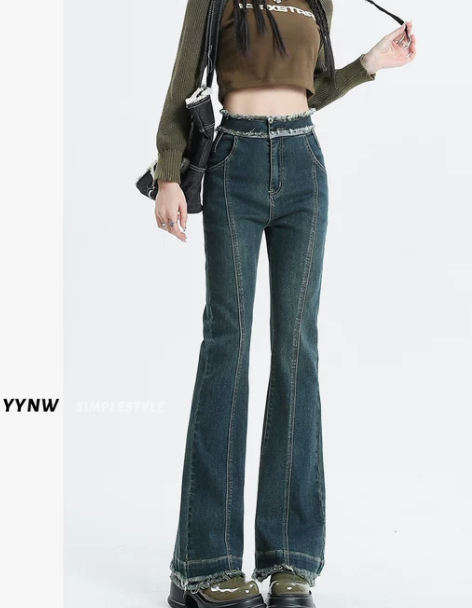 微喇叭加绒牛仔裤女2022年秋冬新款高腰