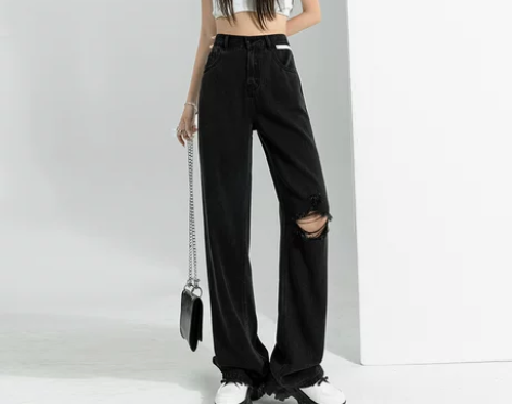 【狂欢价】黑色莱赛尔天丝破洞直筒牛仔裤女高...