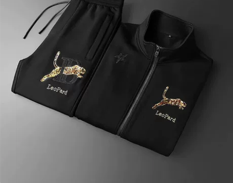 春秋季卫衣运动套装男潮流豹子刺绣开衫立领修...