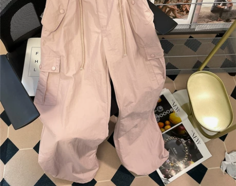 粉色高级设计感小众工装阔腿休闲裤子男女夏薄...