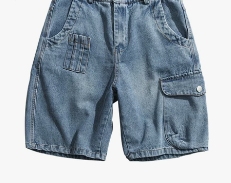 日系复古水洗做旧工装牛仔短裤男宽松休闲潮牌...