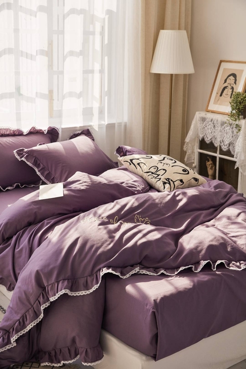 全新少女心斜纹磨毛精梳棉四件套公主风花边刺...