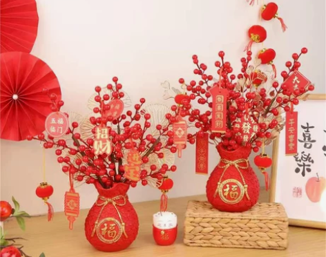 2023新年装饰花发财果假花仿真花摆设冬青...