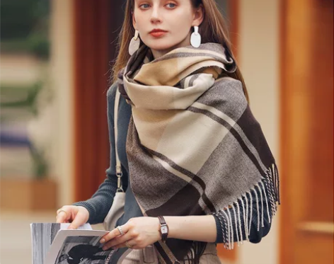 格子羊绒围巾2022新款冬季围巾女披肩加厚...