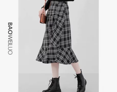 高腰复古格子裙 半身裙荷叶边 中长款抽绳大...