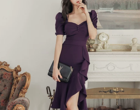 名媛气质女神范V领修身复古不规则开叉荷叶边...