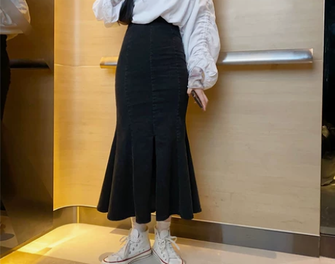 花田橱窗 牛仔半身裙女高腰a字裙荷叶边中长...