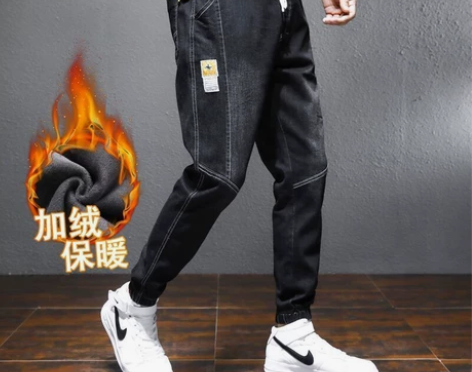 冬季束脚牛仔裤男潮牌大码学生哈伦裤加绒加厚...