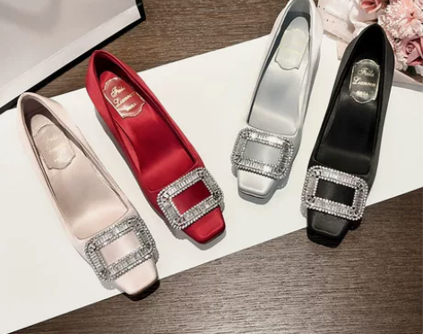 方头晚宴粗跟中跟方扣单鞋女2022新款绸缎...