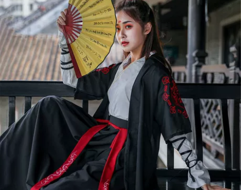 抖音同款汉服女黑色侠客中国风学生古装日常交...