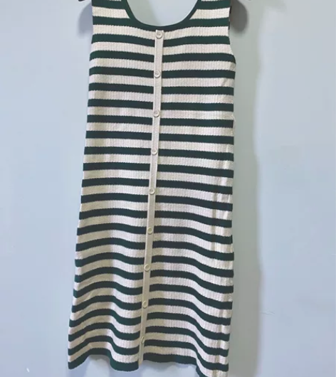 针织无袖连衣裙法式绿色条纹 【不退换 真的...