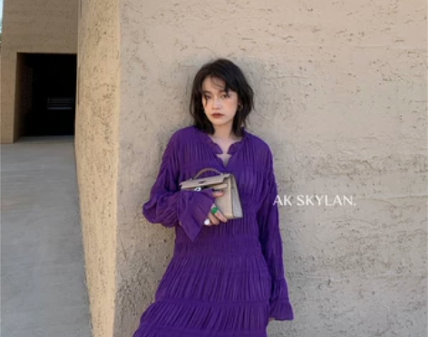 复古名媛风压褶荷叶边连衣裙女早秋新款气质优...