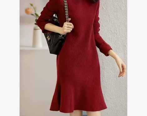 秋冬季圆领针织连衣裙荷叶边鱼尾裙宽松内搭毛...