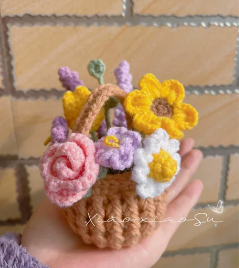 手工钩编小花篮车挂摆件迷你花篮花束Diy雏...