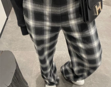 3ts 复古棋盘格裤子高腰休闲直筒裤黑白格...